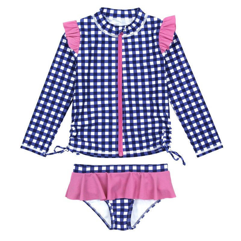 SwimZip Girls' Long Sleeve Rash Guard and Bikini Bottoms Swimsuit Set - UPF 50+ Navy Gingham - Image 1
